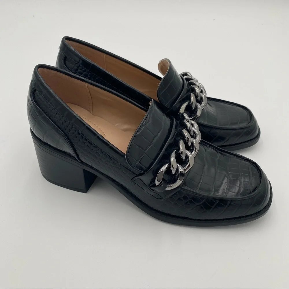 Bandolino Misha Croc Print Slip On Loafers‎ Chunky Block Heeled Shoes Black 6.5